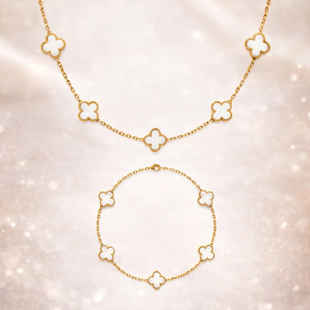 Set Bratara + Colier Auriu Flower Alb