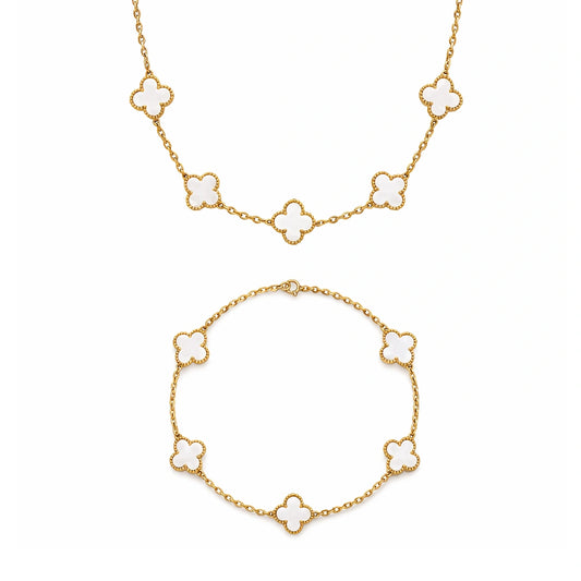 Set Bratara + Colier Auriu Flower Alb