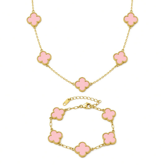 Set Bratara + Colier Auriu Flower Roz