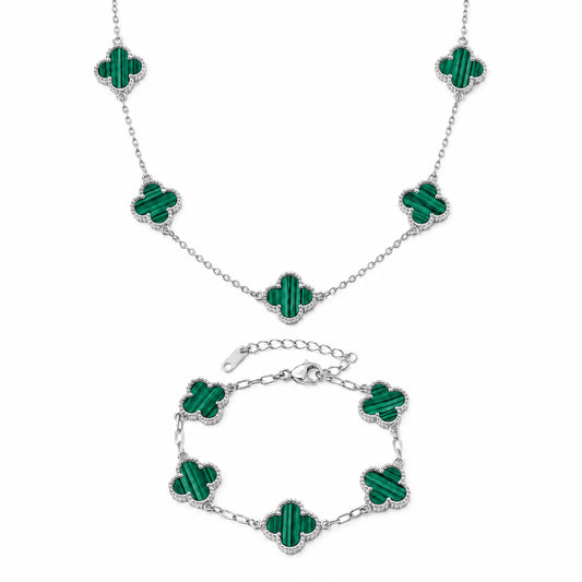Set Bratara + Colier Argintiu Flower Verde