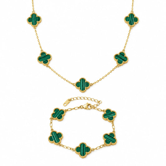 Set Bratara + Colier Auriu Flower Verde